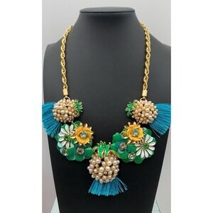 Talbots Chunky Flowers & Pineapples Statement Necklace with Rhinestone Gold Tone
